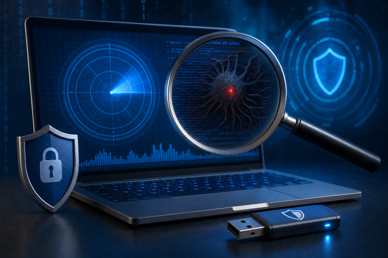 Laptop met beveiligingsscan voor rootkit scan uitvoeren op verdacht apparaat