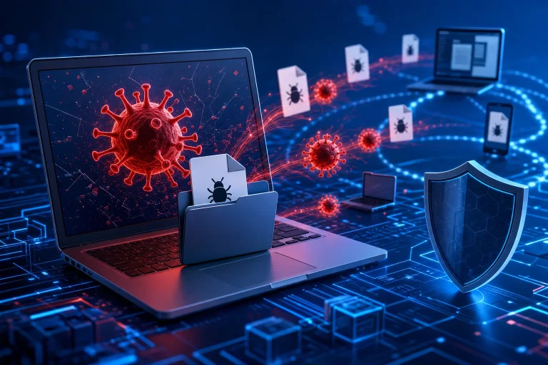 Uitleg bij wat is een computervirus met beveiligde laptop op het scherm