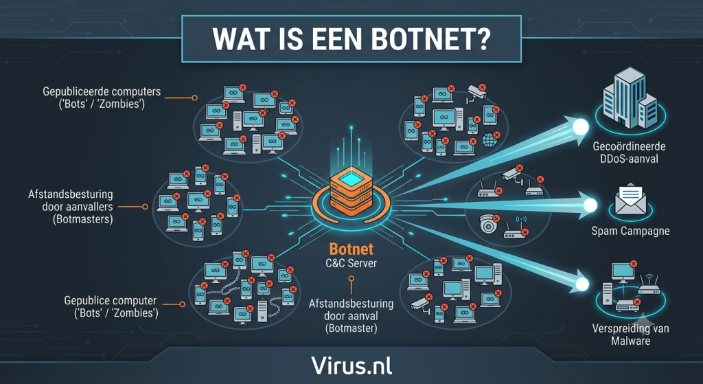 Een overzichtelijke infographic van Virus.nl met de titel 'Wat is een botnet?', die laat zien hoe een cybercrimineel (botmaster) via een C&C-server geïnfecteerde apparaten (bots/zombies) aanstuurt voor DDoS-aanvallen, spam en malwareverspreiding.
