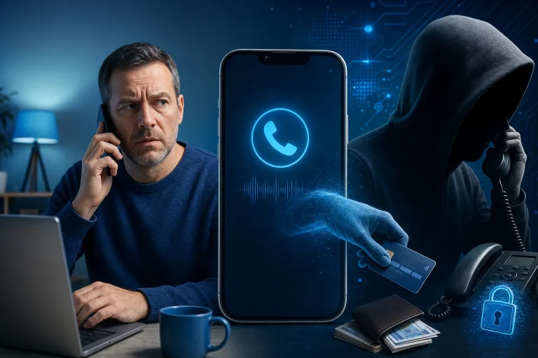 vishing - Persoon kijkt bezorgd naar smartphone tijdens verdacht telefoongesprek