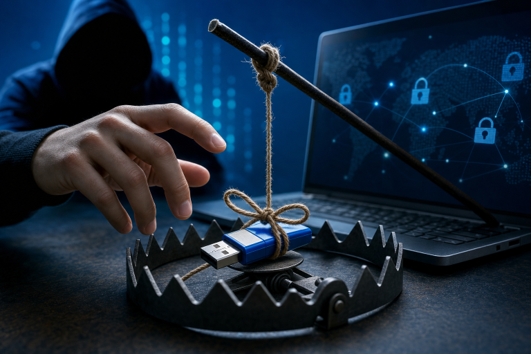 Illustratie van een baiting cyberaanval met een digitale valstrik