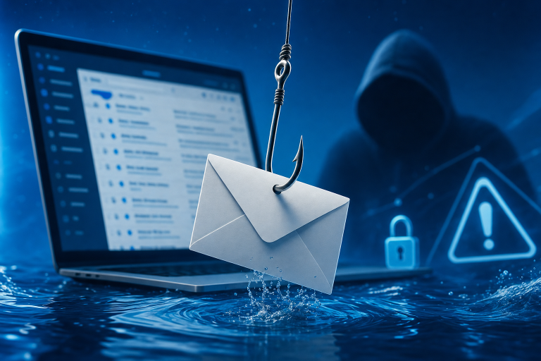 Persoon leert phishing mail herkennen op een laptopscherm