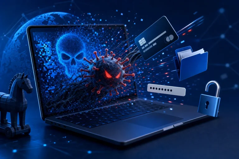 wat betekent malware - Persoon achter laptop met digitale waarschuwingen op het scherm