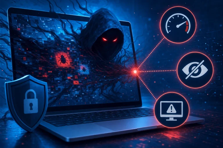 rootkit symptomen herkennen - Laptop met waarschuwingsmelding en beveiligingssymbolen op het scherm