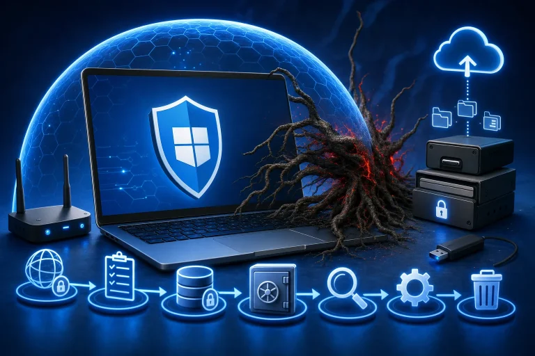 windows defender - Laptop met beveiligingsmelding en gebruiker die bestanden veiligstelt