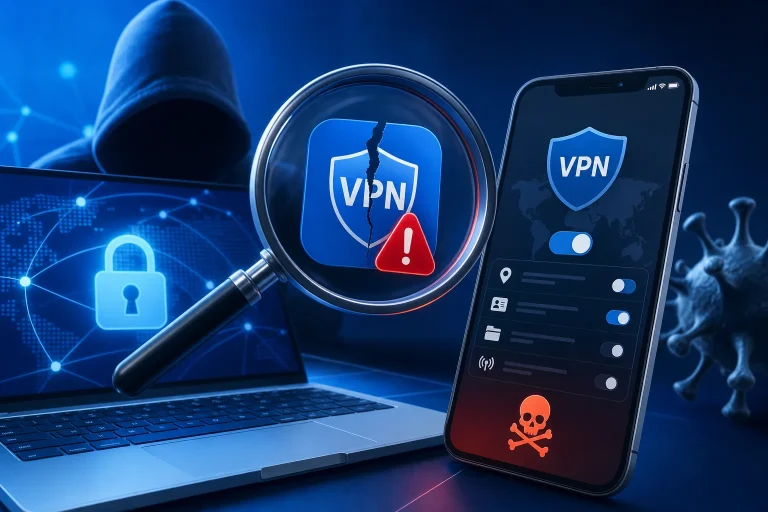 valse vpn herkennen - Smartphone met beveiligingsmelding naast laptop op een bureau
