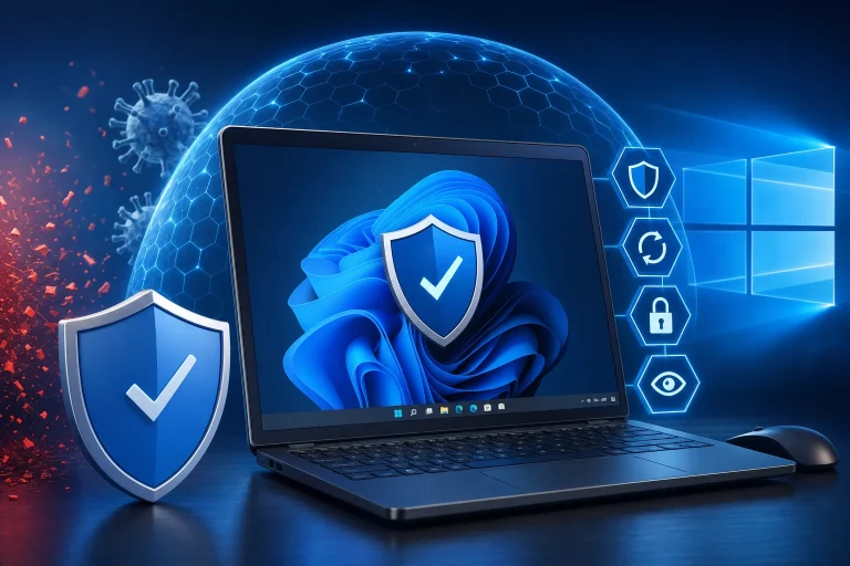 beste antivirus voor windows - Laptop met beveiligingsscherm en antivirusdashboard op een bureau