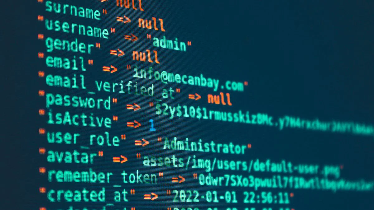 Beveiligingsanalist bekijkt systeemcode en netwerkgegevens op meerdere schermen