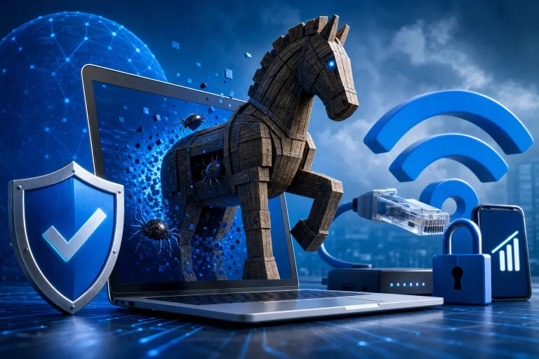 trojaans paard verwijderen - Persoon controleert laptop en smartphone op mogelijke malwarebesmetting