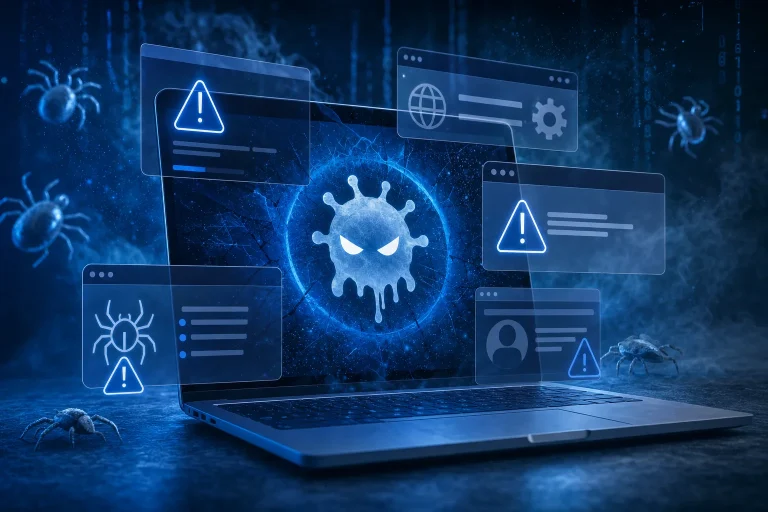 malware besmetting - Laptop met waarschuwingsmelding en gebruiker die verdachte activiteit controleert