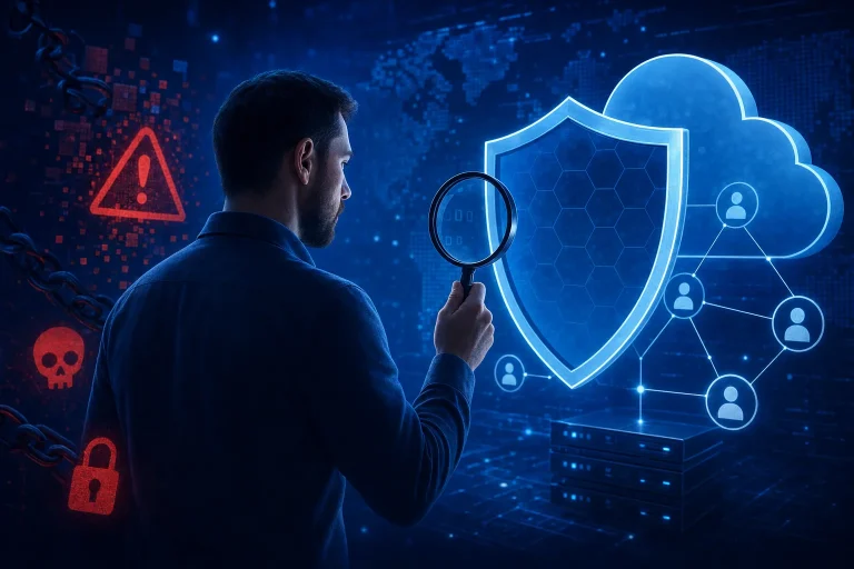cyber bedreigingen - Persoon werkt op laptop met digitale waarschuwingsiconen op het scherm