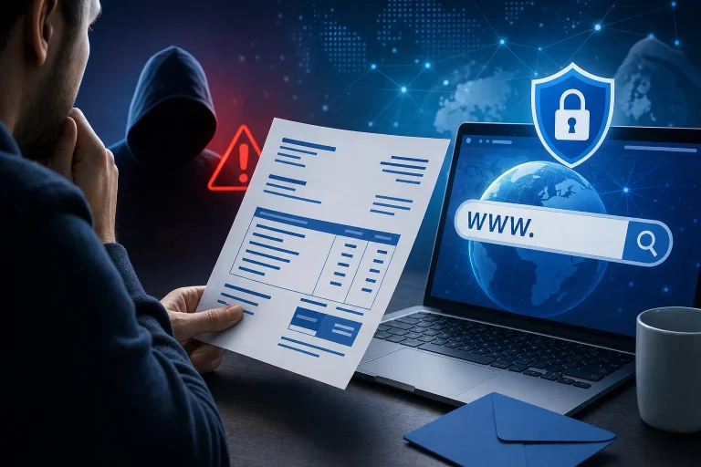 oplichting door DNS Service NL - Persoon controleert een verdachte factuur op een laptop