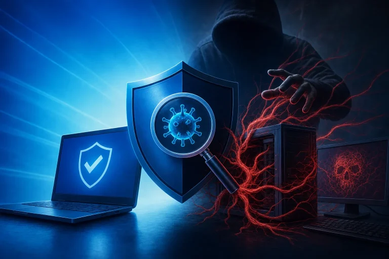 gratis virusscanner - Laptop met beveiligingswaarschuwing en digitale dreiging op de achtergrond
