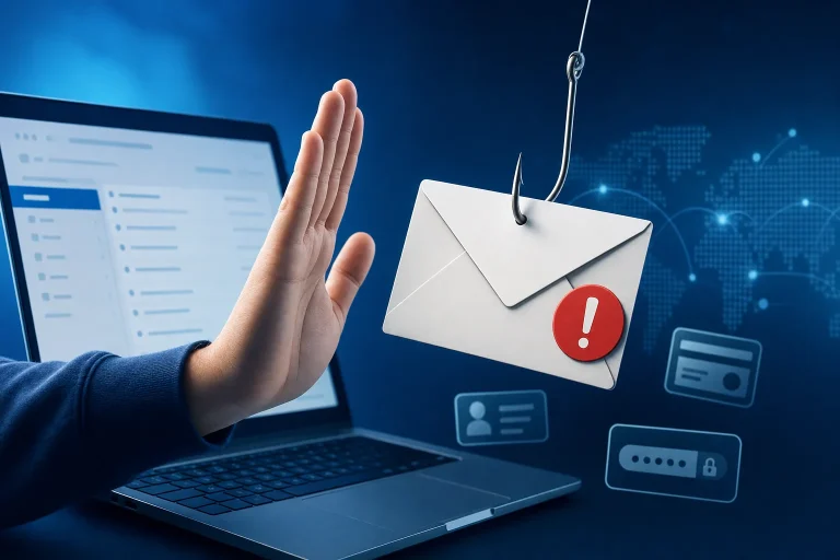 phishingmail herkennen - Persoon controleert verdachte e-mail op een laptop met beveiligingsicoon
