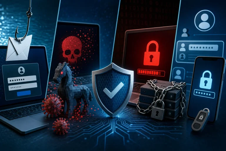 soorten cyberaanvallen - Laptop met beveiligingssymbolen en waarschuwingen voor digitale aanvallen