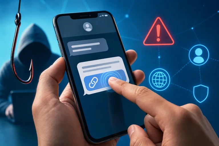 phishing op mobiel herkennen - Smartphone met verdacht bericht en waarschuwingssymbool op het scherm