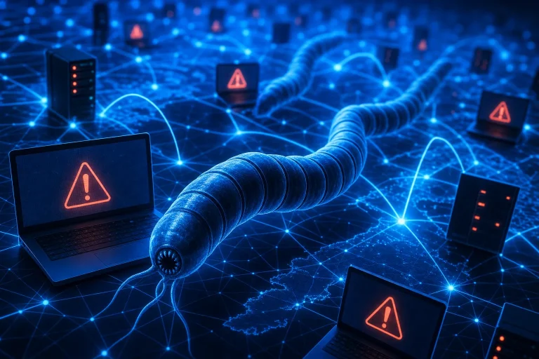 computerworm - Digitale netwerkverbindingen met waarschuwing voor malwareverspreiding