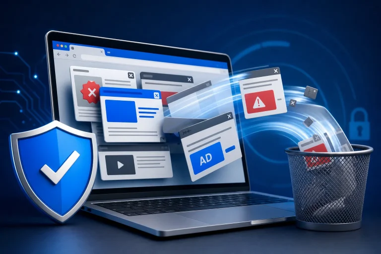 adware verwijderen - Laptop met geopende browser en waarschuwing voor ongewenste reclame