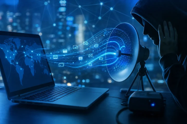 eavesdropping - Persoon gebruikt laptop terwijl digitale beveiligingssymbolen zichtbaar zijn