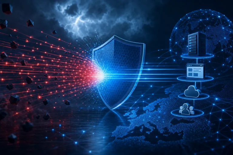 ddos aanval voorkomen - Beveiligingsspecialist bekijkt netwerkverkeer op meerdere schermen