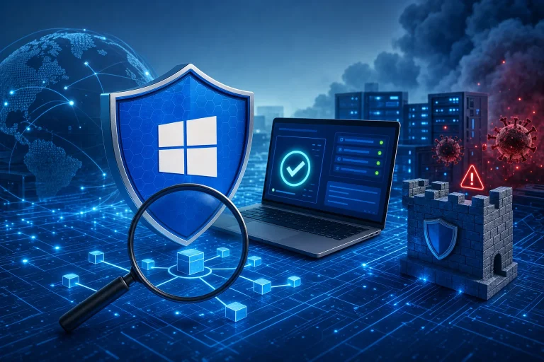 windows beveiliging - Beheerder controleert DNS-records op een laptop in een kantooromgeving