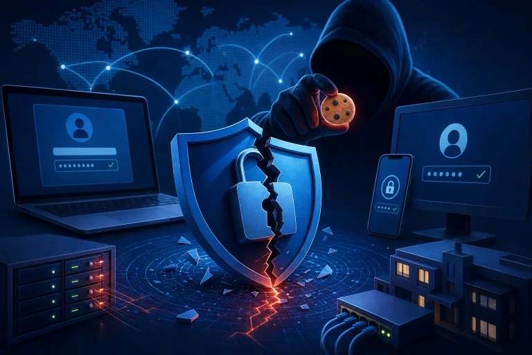 wat is gecompromitteerd - Persoon bekijkt beveiligingswaarschuwing op laptop in donkere werkomgeving