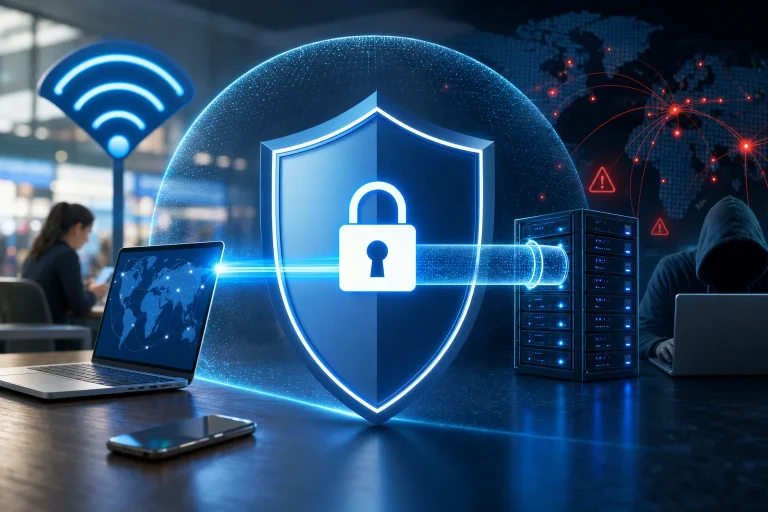 is VPN veilig - Persoon werkt op laptop met beveiligingspictogram op het scherm