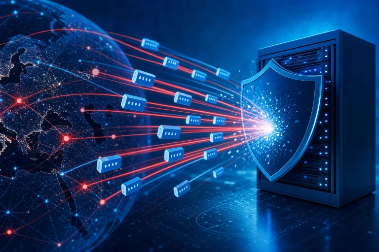 udp bij ddos aanvallen - Serverruimte met netwerkapparatuur en beveiligingsmonitoren