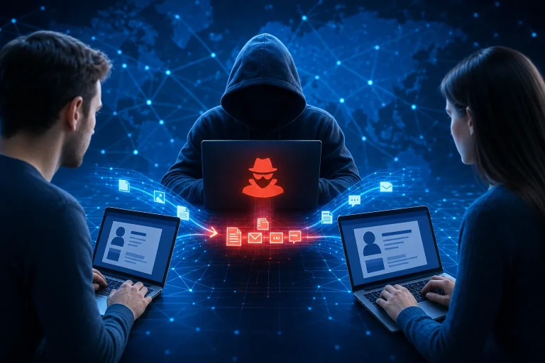 man-in-the-middle-aanval - Persoon met laptop bekijkt netwerkverkeer op een scherm in donkere omgeving