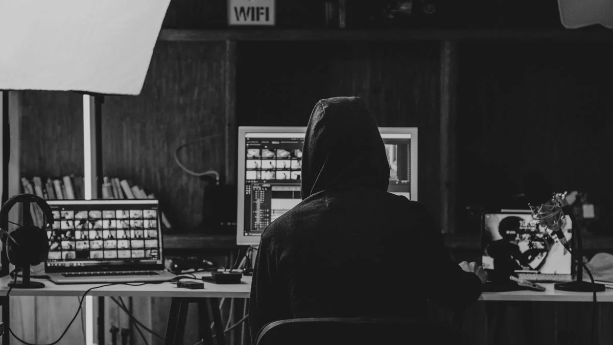 Persoon met laptop die netwerkverkeer analyseert op een draadloos netwerk
