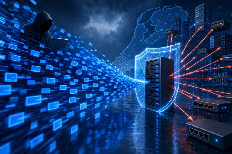 udp flood attack - Netwerkkabels aangesloten op apparatuur in een rek in een serverruimte