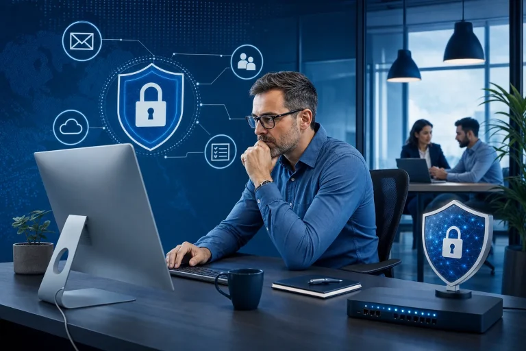 cybersecurity tips voor mkb - Ondernemer en medewerker overleggen aan een bureau met een geopende laptop