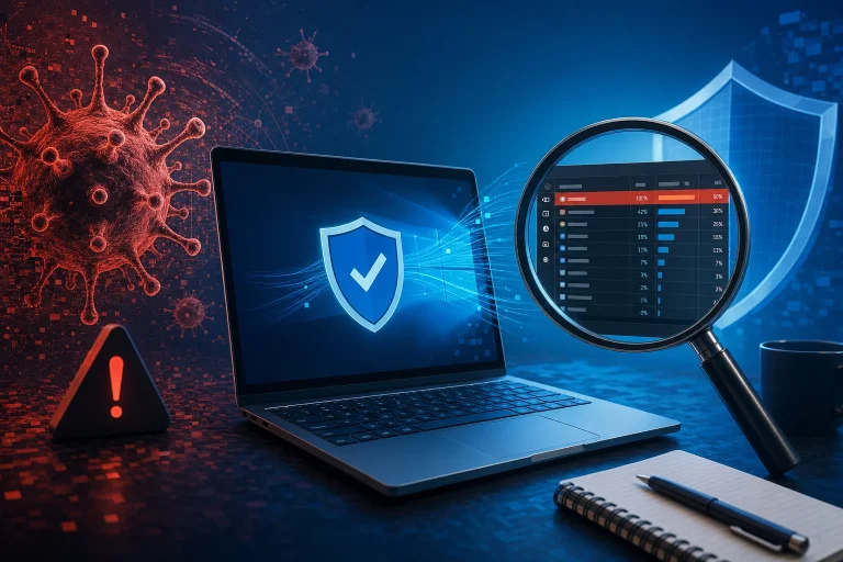 computer virus herkennen - Persoon bekijkt een waarschuwingsmelding op het scherm van een laptop