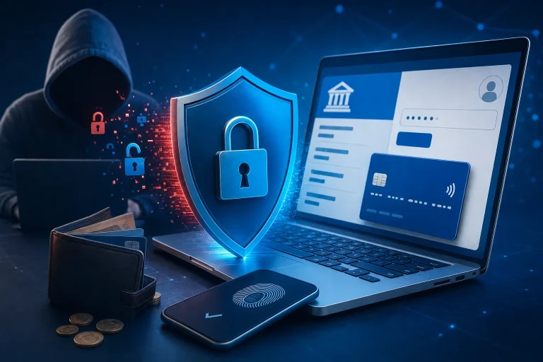 bankgegevens gestolen wat doen - Persoon controleert bankapp op laptop met beveiligingsslot op tafel