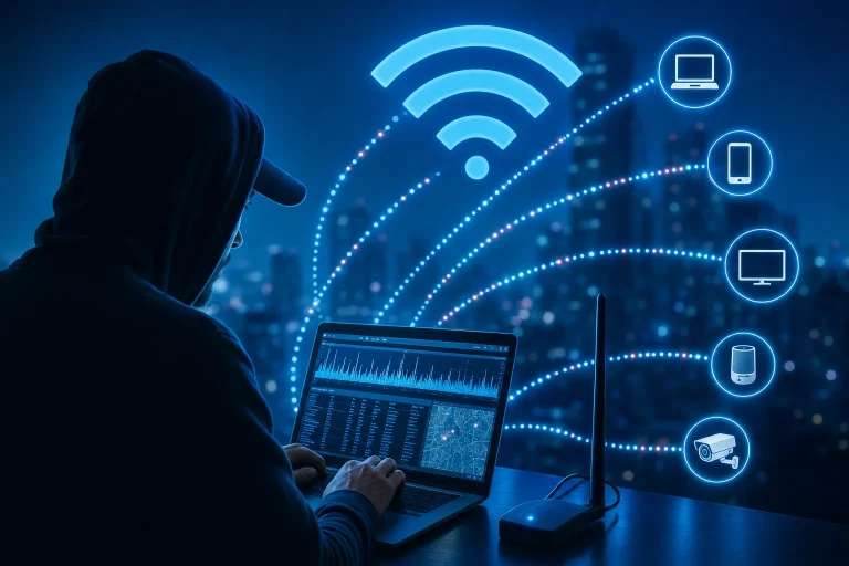 wat is een wifi sniffer - Laptop met netwerkbeveiliging op een bureau naast een wifi-router