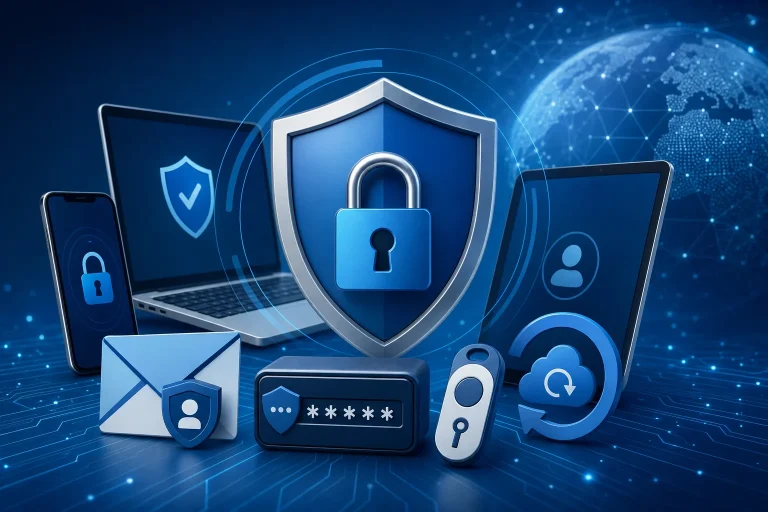 digitale veiligheid - Persoon gebruikt laptop met zichtbaar veiligheidsslot op het scherm