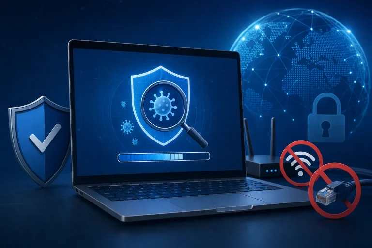 computer scannen op virussen - Een persoon controleert een laptop met een beveiligingsprogramma op het scherm