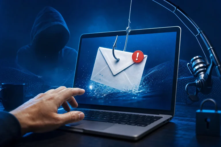 phishing aanval - Persoon bekijkt verdachte e-mail op laptop met waarschuwing op het scherm