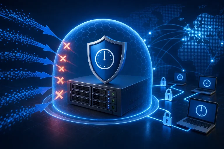 ntp server beveiligen - Netwerkbeheerder controleert met een laptop de instellingen van servers in een