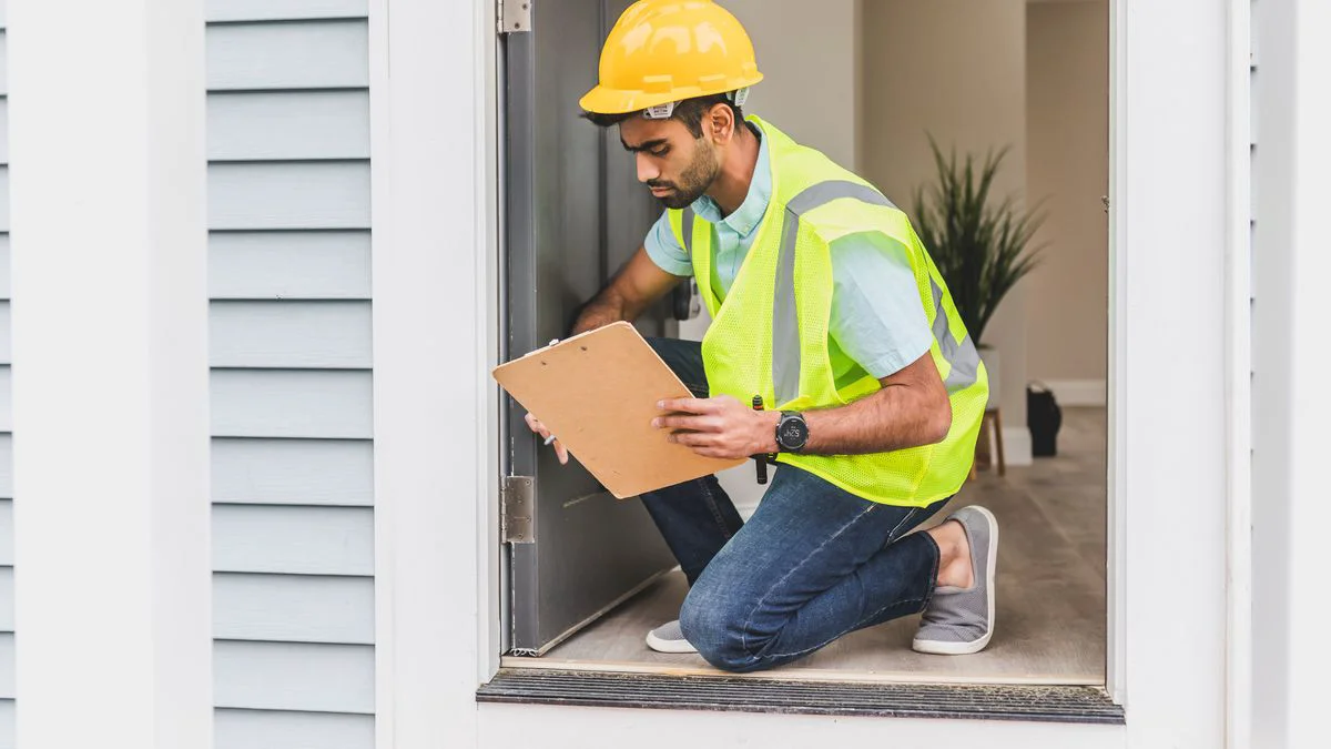 Medewerker controleert een deur tijdens een inspectie van een gebouw