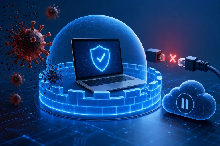 virus verwijderen - Laptop op een bureau met een beveiligingsprogramma geopend op het scherm