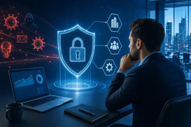 cybersecurityoplossingen - Collega’s overleggen aan een bureau met meerdere beeldschermen op kantoor